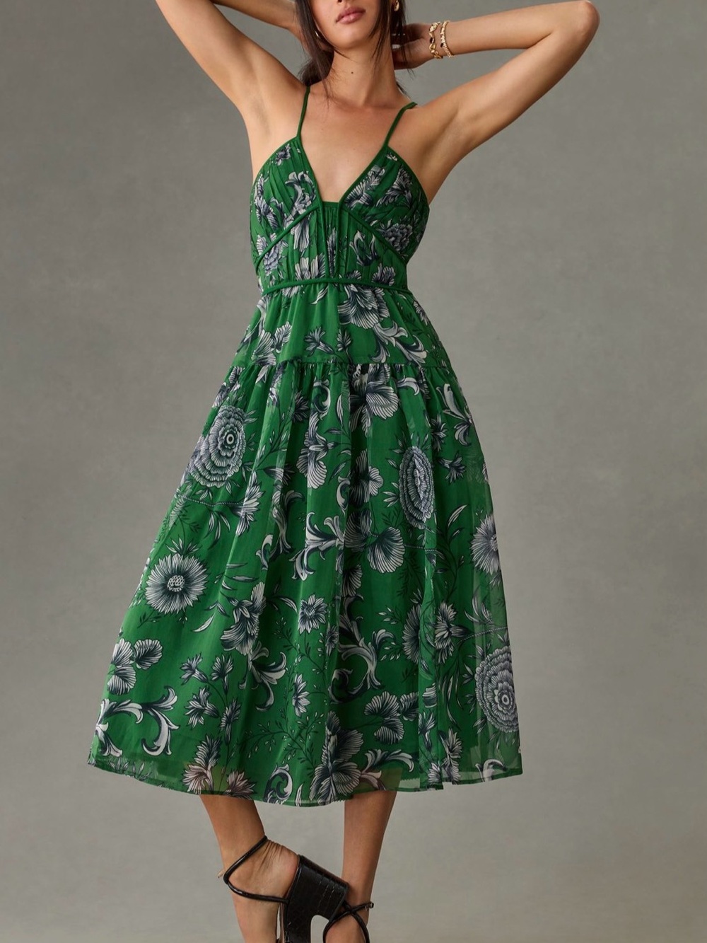 Anthropologie Green Floral Spaghetti-Strap Maxi Dress